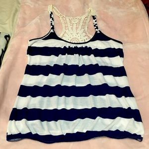 Nautical striped racerback top with crotchet, racerback tank, crochet tank top